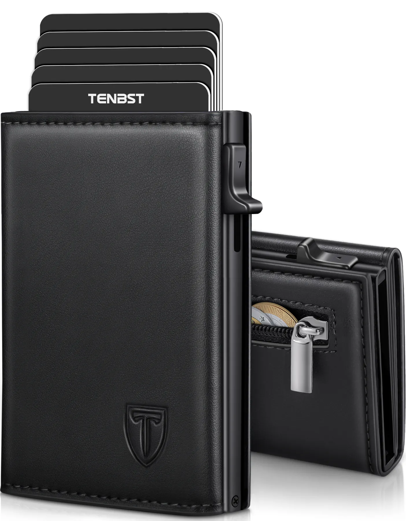 TENBST Geldbörse Herren, Slim Wallet Geldbeutel mit Münzfach & RFID Schutz, Leder Portmonee, 8 Fächer für Kreditkarten, Kartenetui Herren, Geschenke zum Vatertag - Schwar